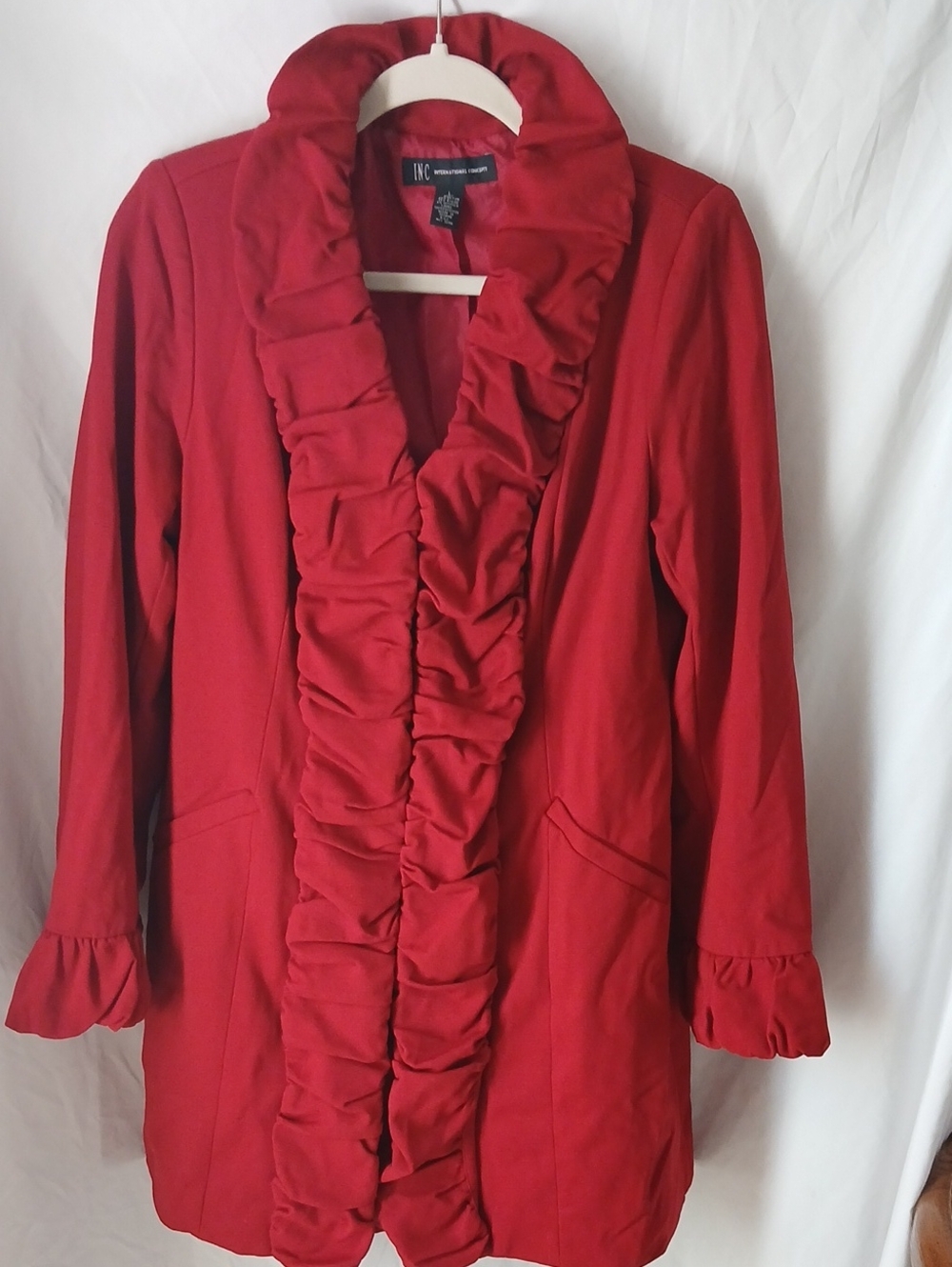 INC Winter Coat! Red Ruffle-Trim Open Front Winter Coat! Nice And Warm